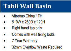 Tahli Wall Basin Specification by Sink & Bathroom Shop